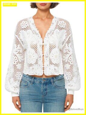 Crochet Cardigan Button Up Lantern Sleeve Cotton Sweater